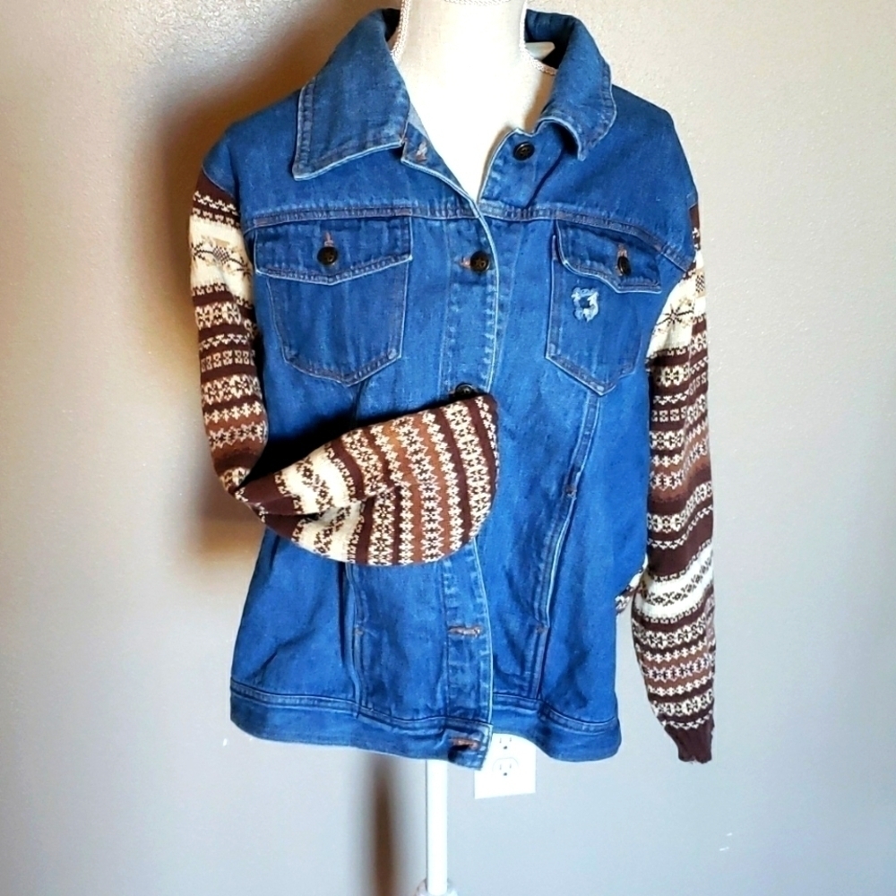 Vintage 90's Faded Glory distressed denim knit back jacket fairisle Barn Coat